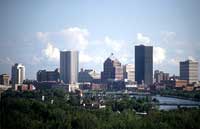 The Rochester skyline on a partly cloudy day