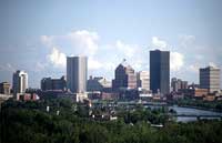The Rochester skyline on a cloudy day